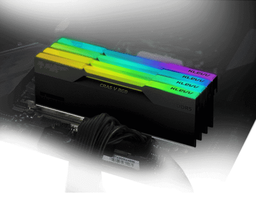 Klevv Cras V RGB DDR5 6400MHz Desktop Memory showing its customizable RGB lighting.