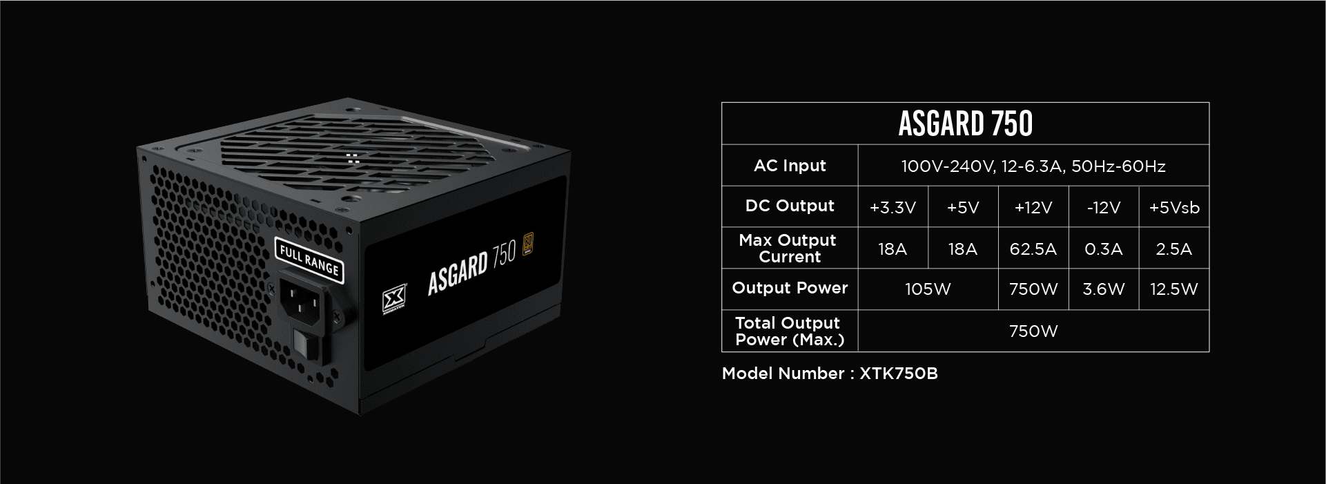 Features of the Asgard 750W 80 Plus Bronze Power Supply.