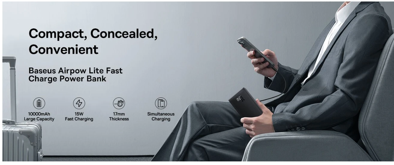 Baseus Airpow Lite 10000mAh power bank with 15W fast charging and slim black design