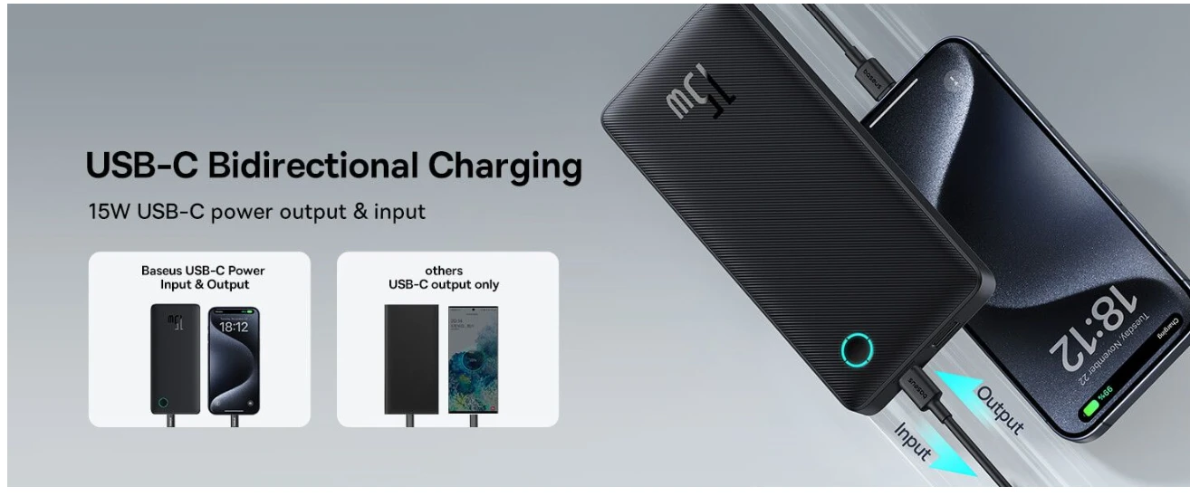 Baseus Airpow Lite USB-C bidirectional charging with 15W power output and input
