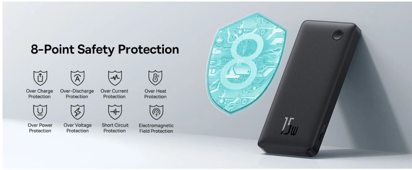 Baseus power bank 8-point safety protection features including overcharge and short circuit protection