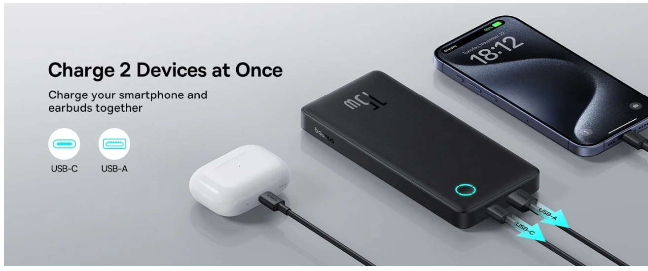 Baseus power bank charging 2 devices simultaneously with USB-C and USB-A ports