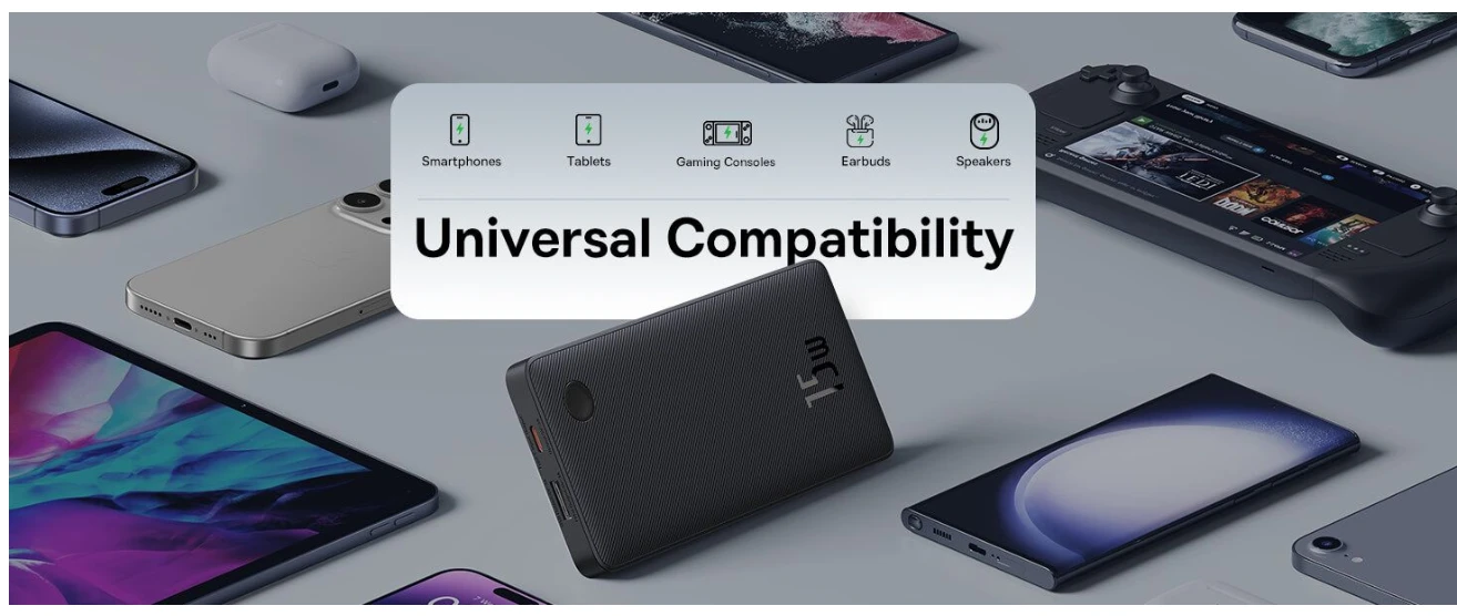 Baseus power bank universal compatibility with smartphones, tablets, and gaming consoles