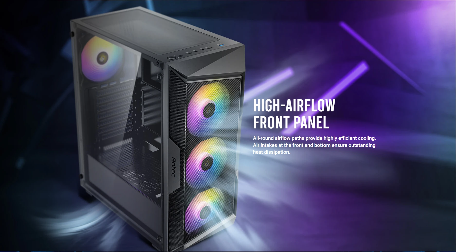 Antec AX61 Elite high-airflow front panel design with efficient cooling and heat dissipation for high-performance components