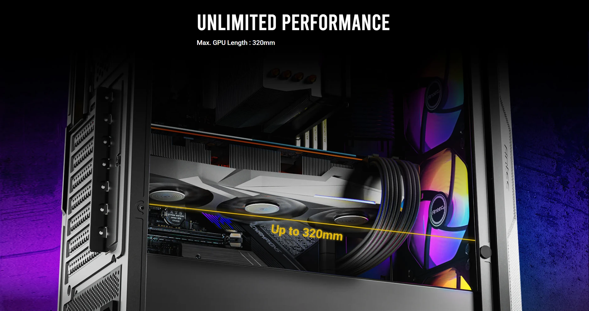 Antec AX61 Elite supports graphics cards up to 320mm length for high-end gaming hardware compatibility