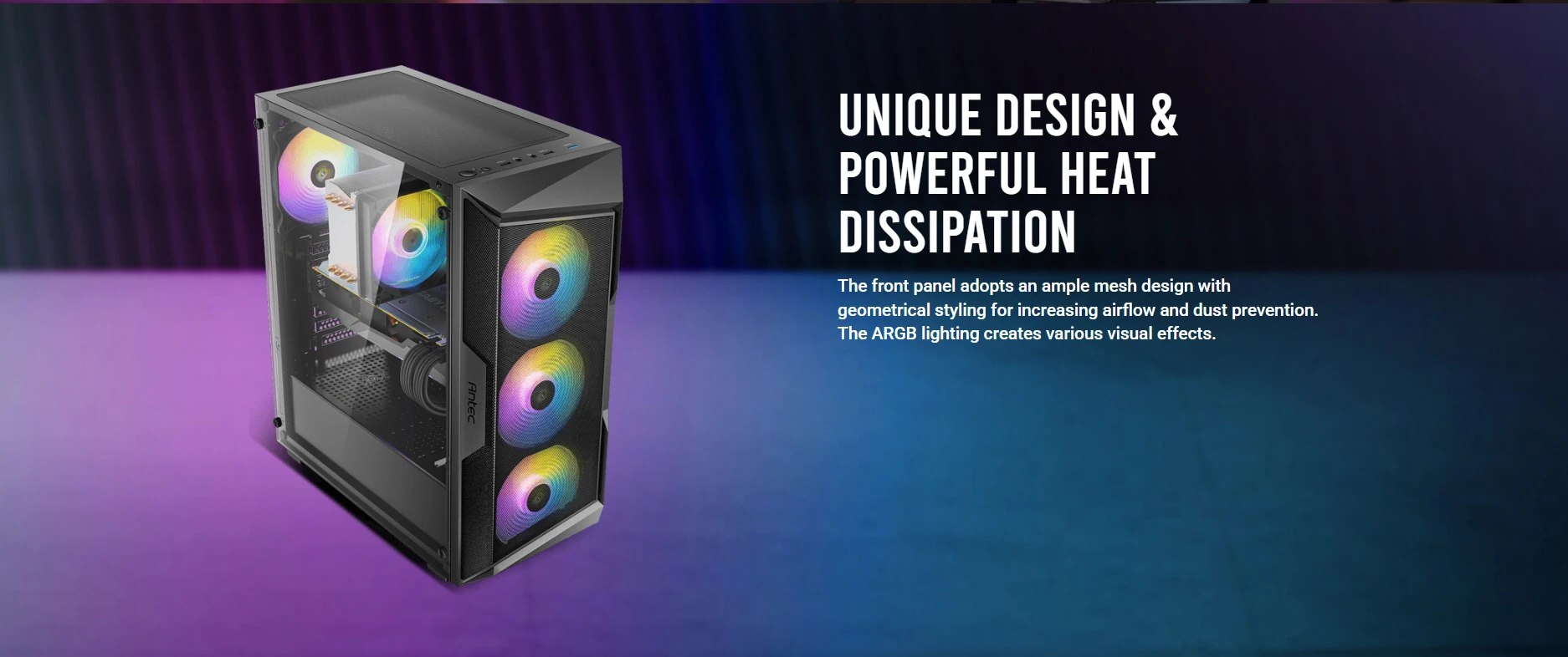 Antec AX61 Elite mesh front panel with ARGB lighting and high-airflow cooling design for efficient heat dissipation