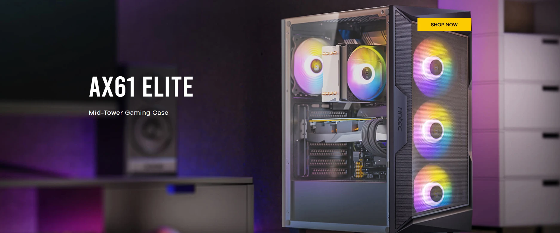 Antec AX61 Elite mid-tower gaming case with stylish mesh front panel, tempered glass side panel, and pre-installed ARGB fans in a sleek black finish