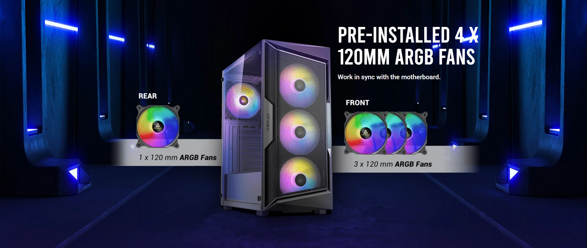 Antec AX61 Elite 4 pre-installed 120mm ARGB fans with motherboard sync for unified RGB lighting control