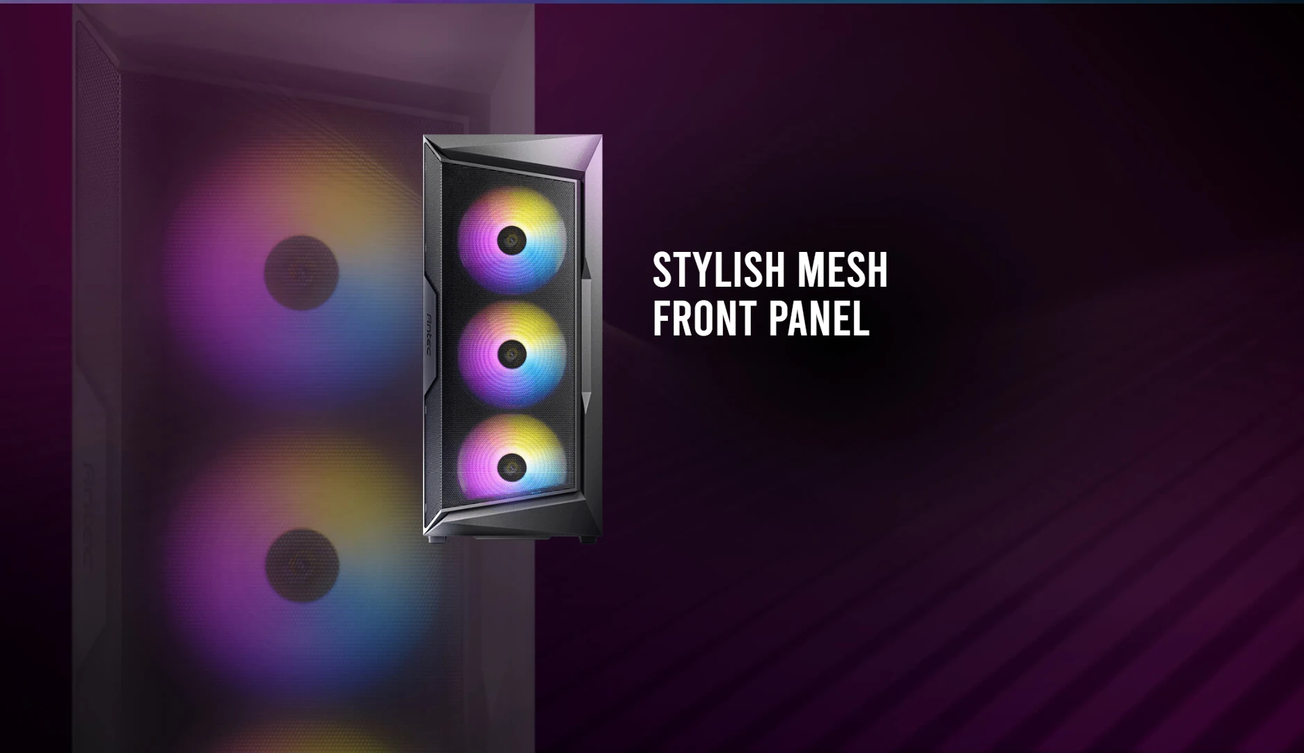 Antec AX61 Elite stylish mesh front panel design with geometric pattern for enhanced airflow and dust prevention