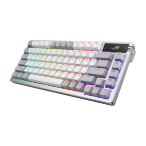 ASUS ROG Azoth Moonlight White 75 percent keyboard, angled right view with RGB lighting