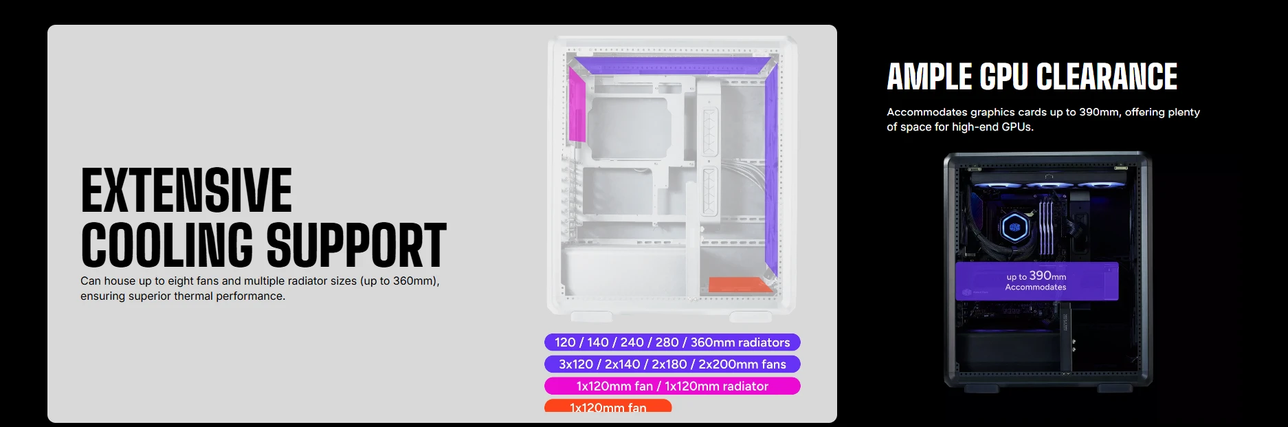 Cooler Master MasterFrame 500 Mesh extensive cooling with 360mm radiator and 390mm GPU clearance