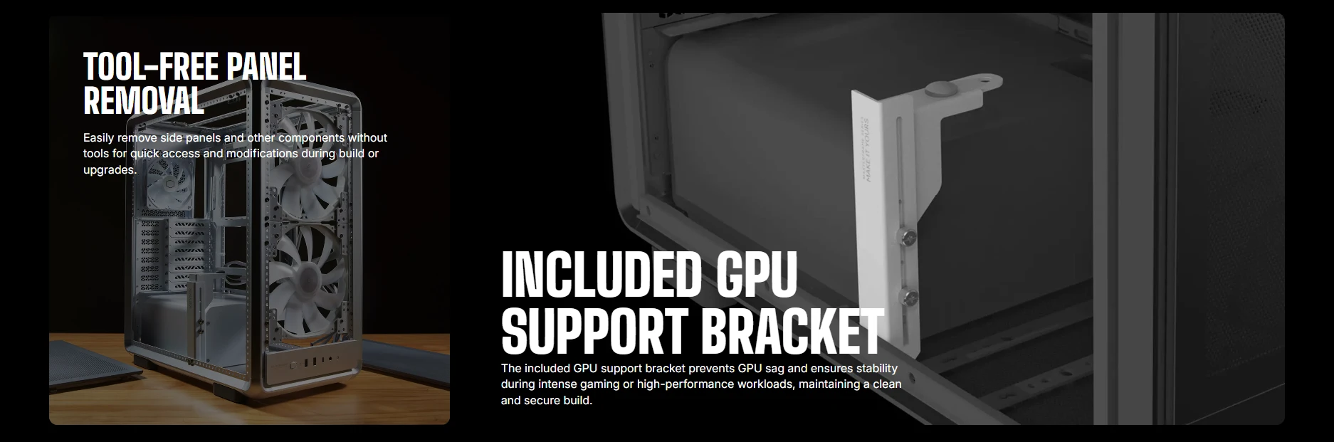 Cooler Master MasterFrame 500 Mesh tool-free panel removal and included GPU support bracket