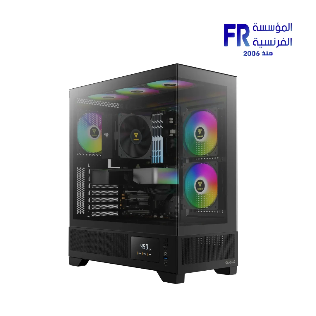 Gamdias Atlas M1 Built-in LCD System Monitor Seamless Tempered Glass 3x120mm ARGB PWM Fans Black Mid Tower Case
