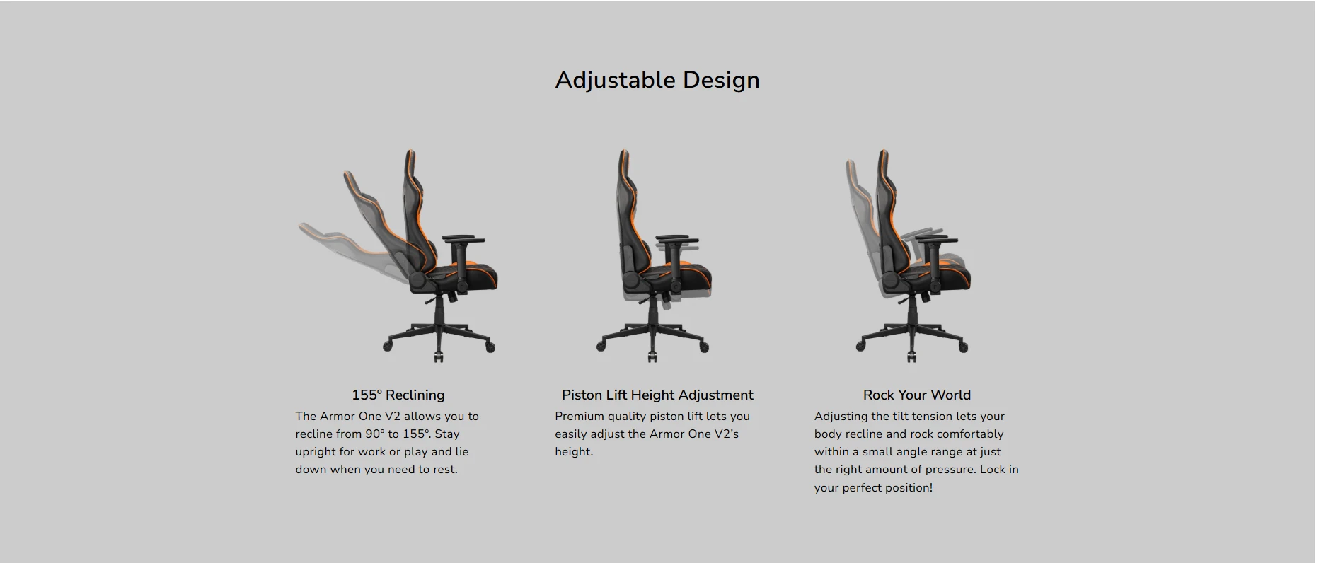 COUGAR Armor One V2 adjustable design with 155° recline, height, and tilt adjustment