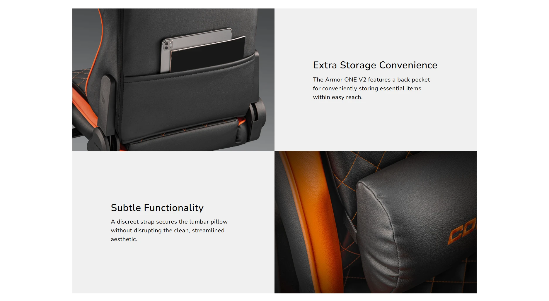 COUGAR Armor One V2 back pocket storage and discreet lumbar pillow strap