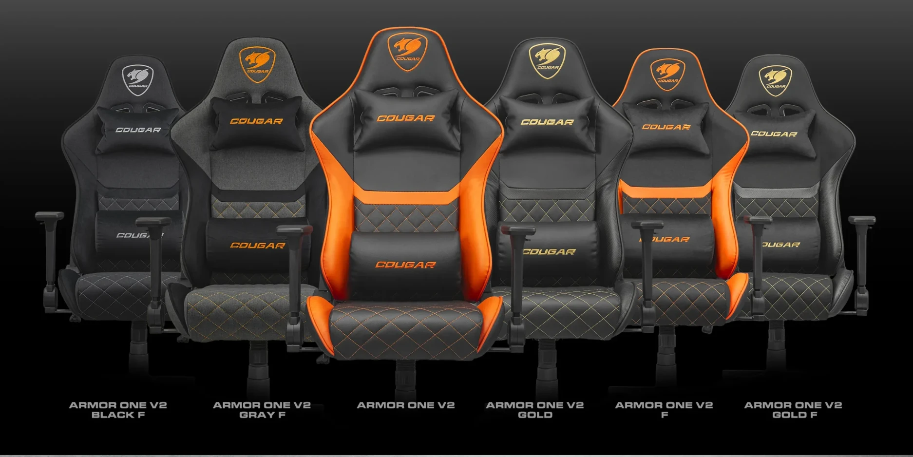 COUGAR Armor One V2 gaming chair color lineup showing black, gray, and gold variants