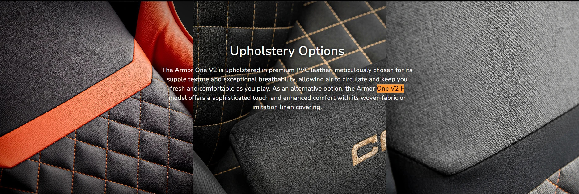 COUGAR Armor One V2 upholstery options including PVC leather, woven fabric, and imitation linen