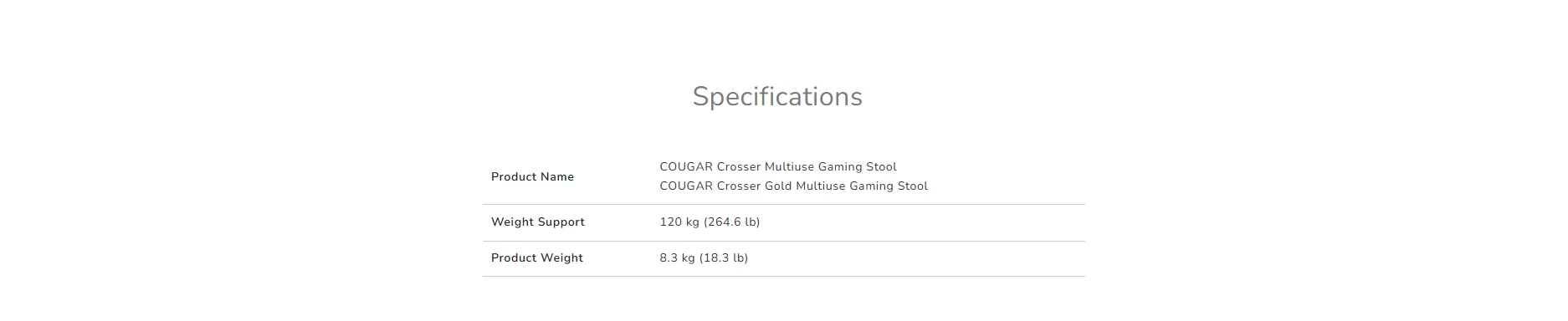 COUGAR Crosser gaming stool specifications with 120kg weight support