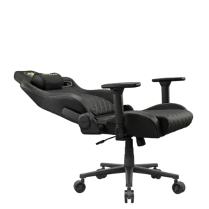 Side view of Cougar Defensor Gold CGR-DFL-GLB chair reclined with foot and backrest adjustment