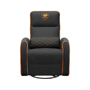 Cougar Fidom orange and black imitation-linen recliner gaming chair with Trimotion base and footrest