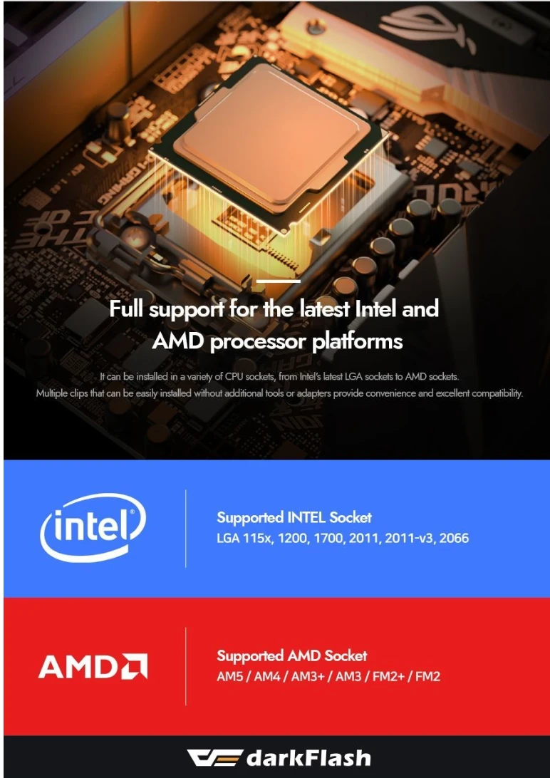 DarkFlash CPU cooler universal mounting compatibility chart for Intel and AMD sockets