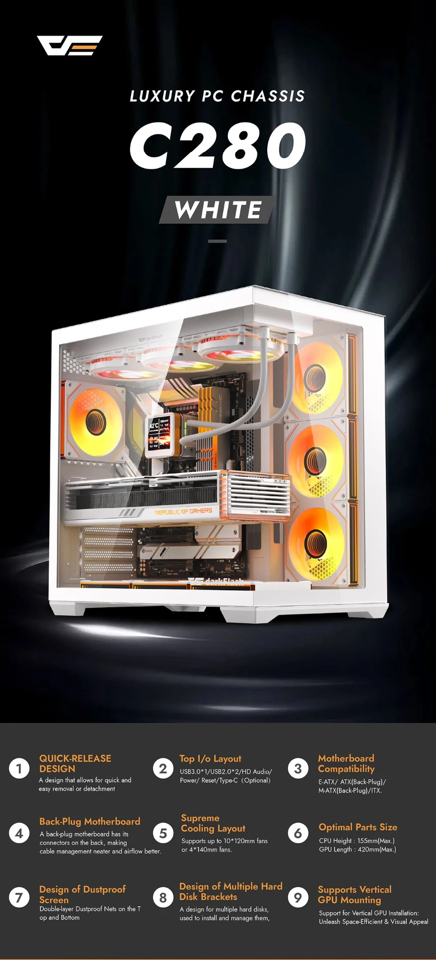 DarkFlash C280 white E-ATX mid-tower case with pillar-less panoramic glass and premium design