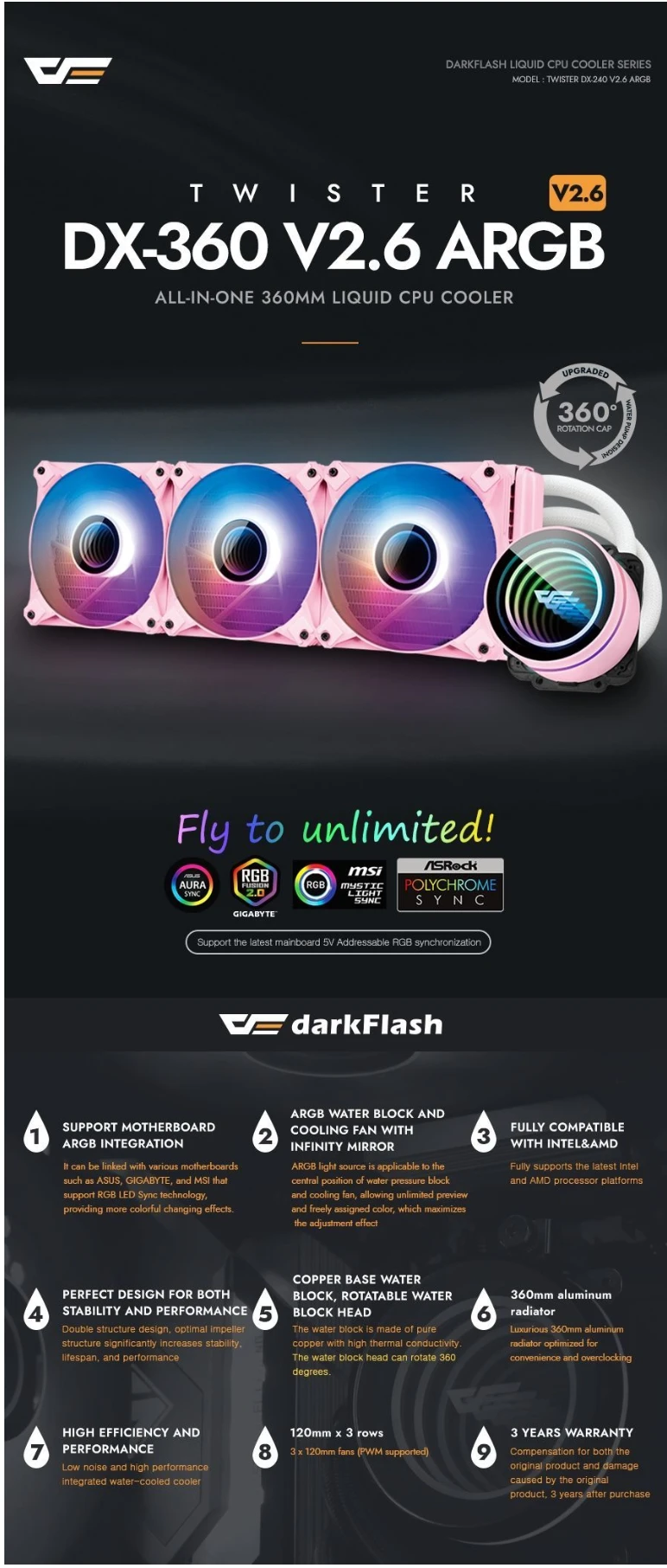 DarkFlash Twister DXV2.6 360mm Infinity Mirror ARGB pink AIO liquid CPU cooler
