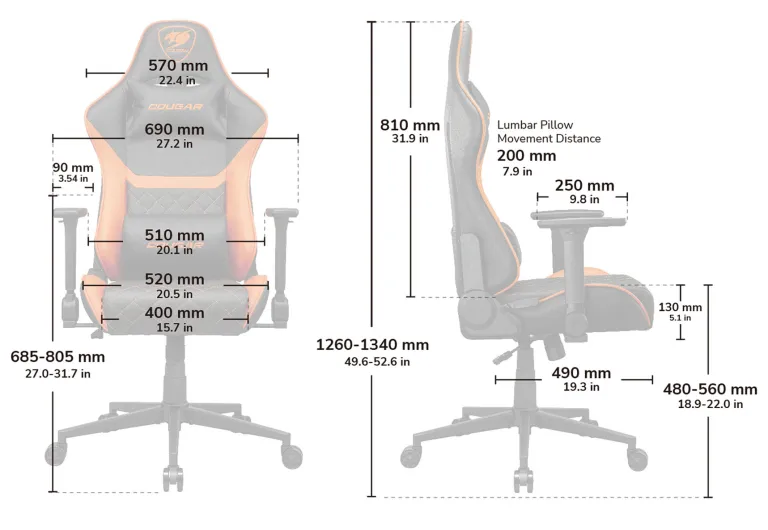 Cougar Armor One V2 F Orange Gaming Chair Technical Dimensions and Size Chart