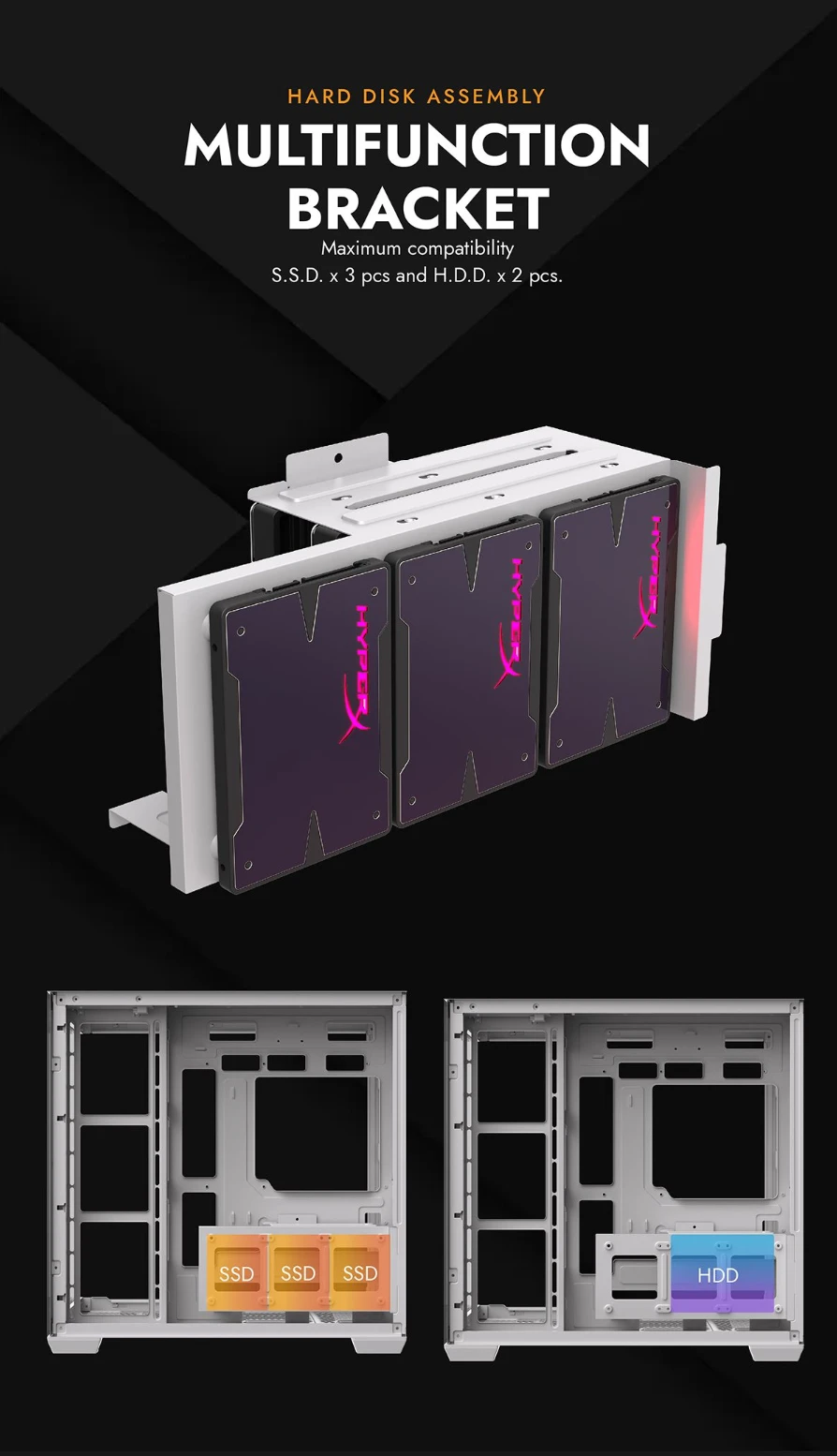 DarkFlash C280 multifunction bracket with 3 SSD and 2 HDD drive assembly