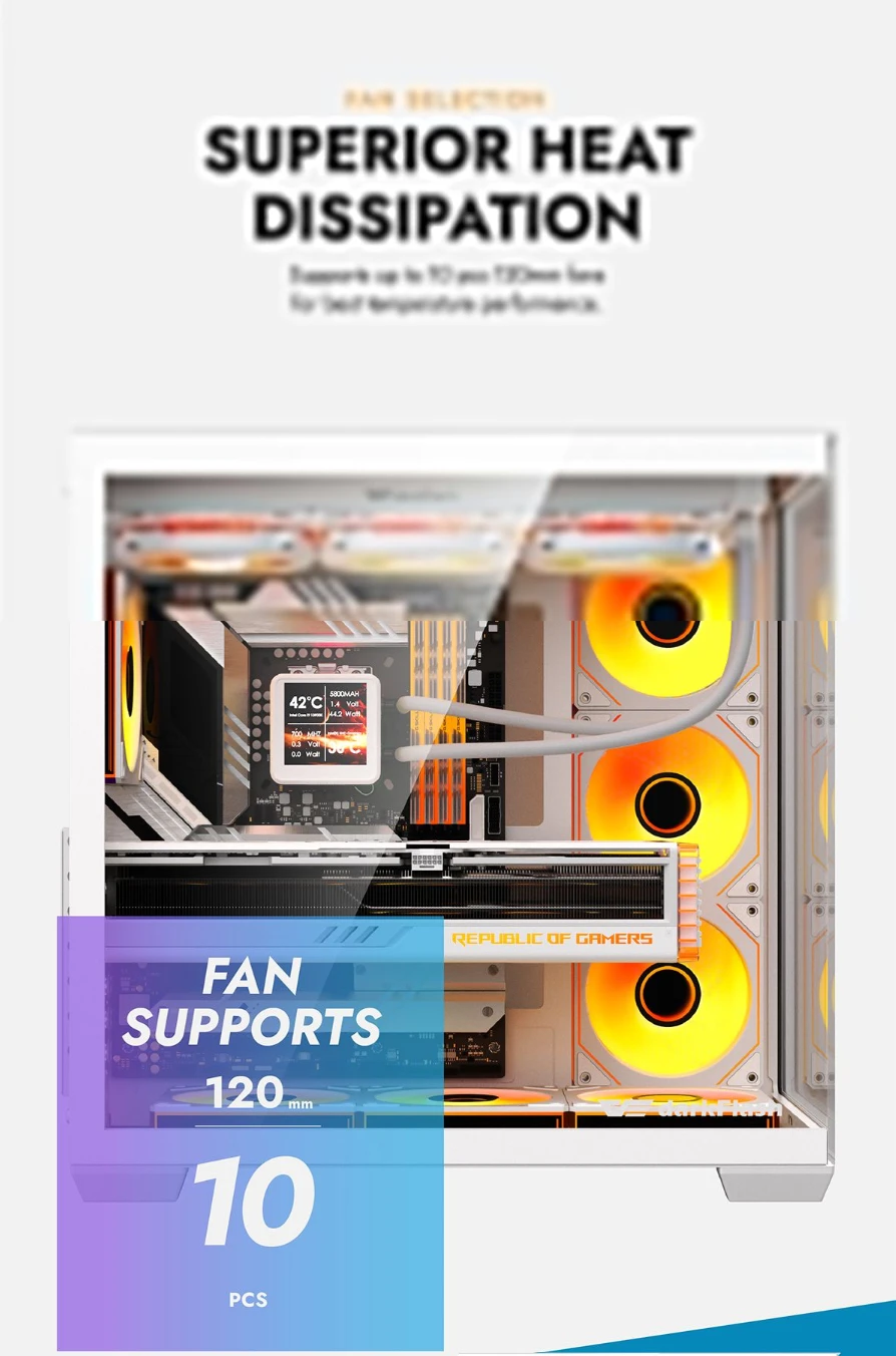 DarkFlash C280 superior heat dissipation with 10×120mm fan support for maximum cooling