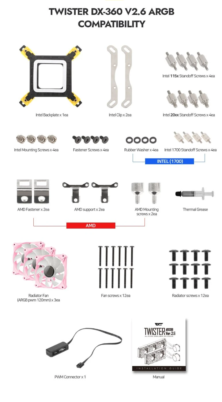 DarkFlash Twister DX-360 AIO cooler mounting kit parts list for Intel and AMD sockets