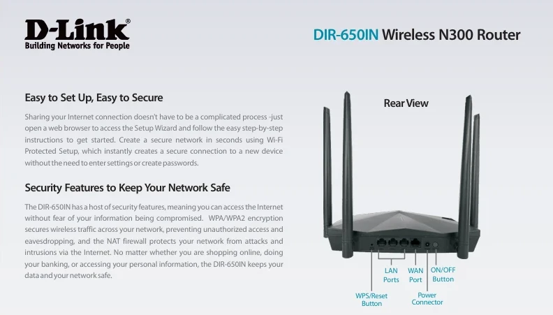 D-Link DIR-650IN rear view showing LAN ports, WAN port, WPS/Reset button, and power connector