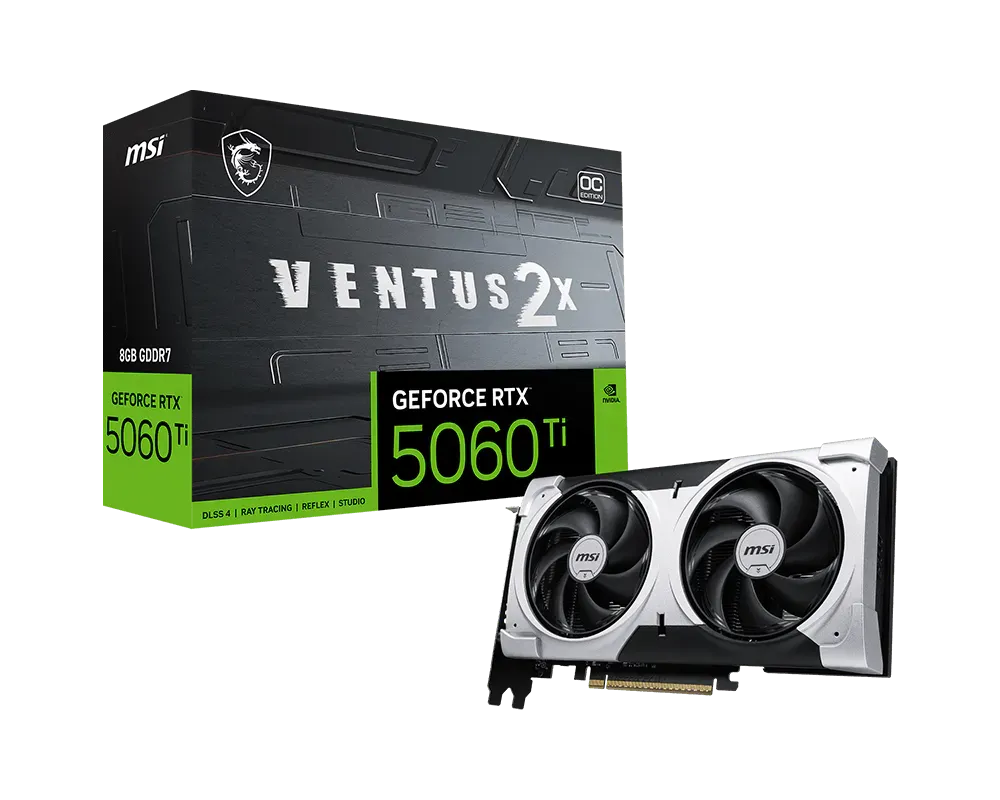 MSI GeForce RTX 5060 Ti Ventus 2X OC Plus 8GB GDDR7 Graphic Card dual fan cooling system design render