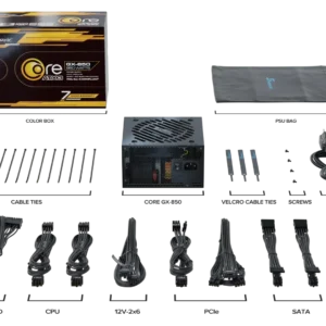 Seasonic CORE GX-850 ATX 3.1 black power supply with its modular cables and included accessories