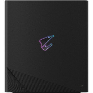 GIGABYTE AORUS RTX 5090 AI BOX external GPU enclosure with integrated cooling and illuminated AORUS logo
