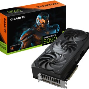 GIGABYTE GeForce RTX 5090 WINDFORCE 32GB GDDR7 graphics card with triple-fan cooler and retail box, model GV-N5090WF3-32GD