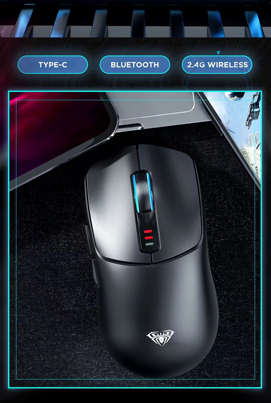 AULA SC580 white gaming mouse with anti-slip stickers