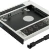 Representative silver and black laptop optical-drive-bay caddy for a 2.5-inch SATA HDD or SSD; exact model and finish unverified