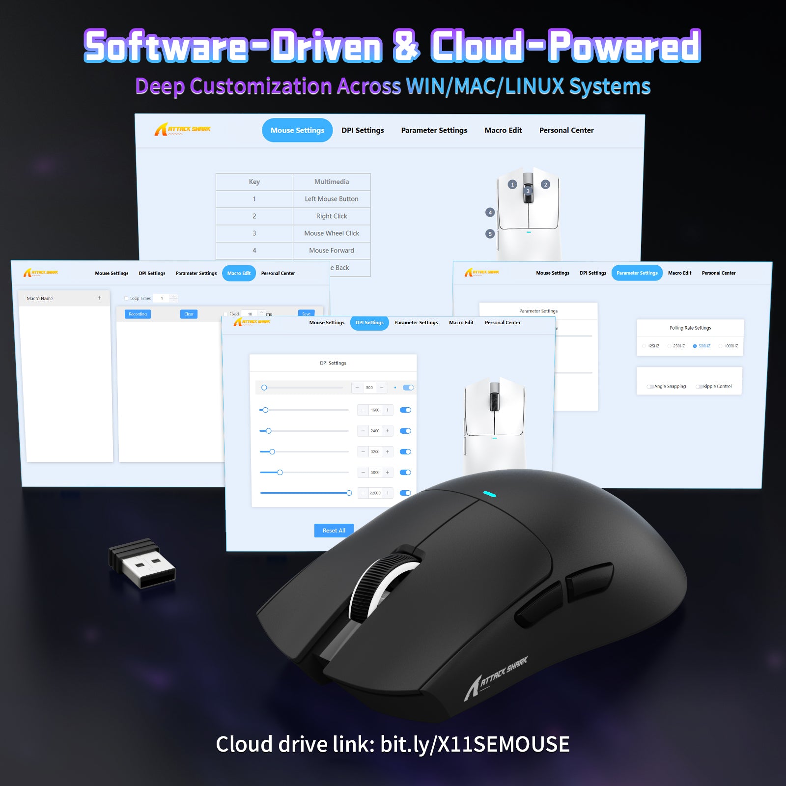 Attack Shark X11 SE black wireless gaming mouse top view with RGB lighting