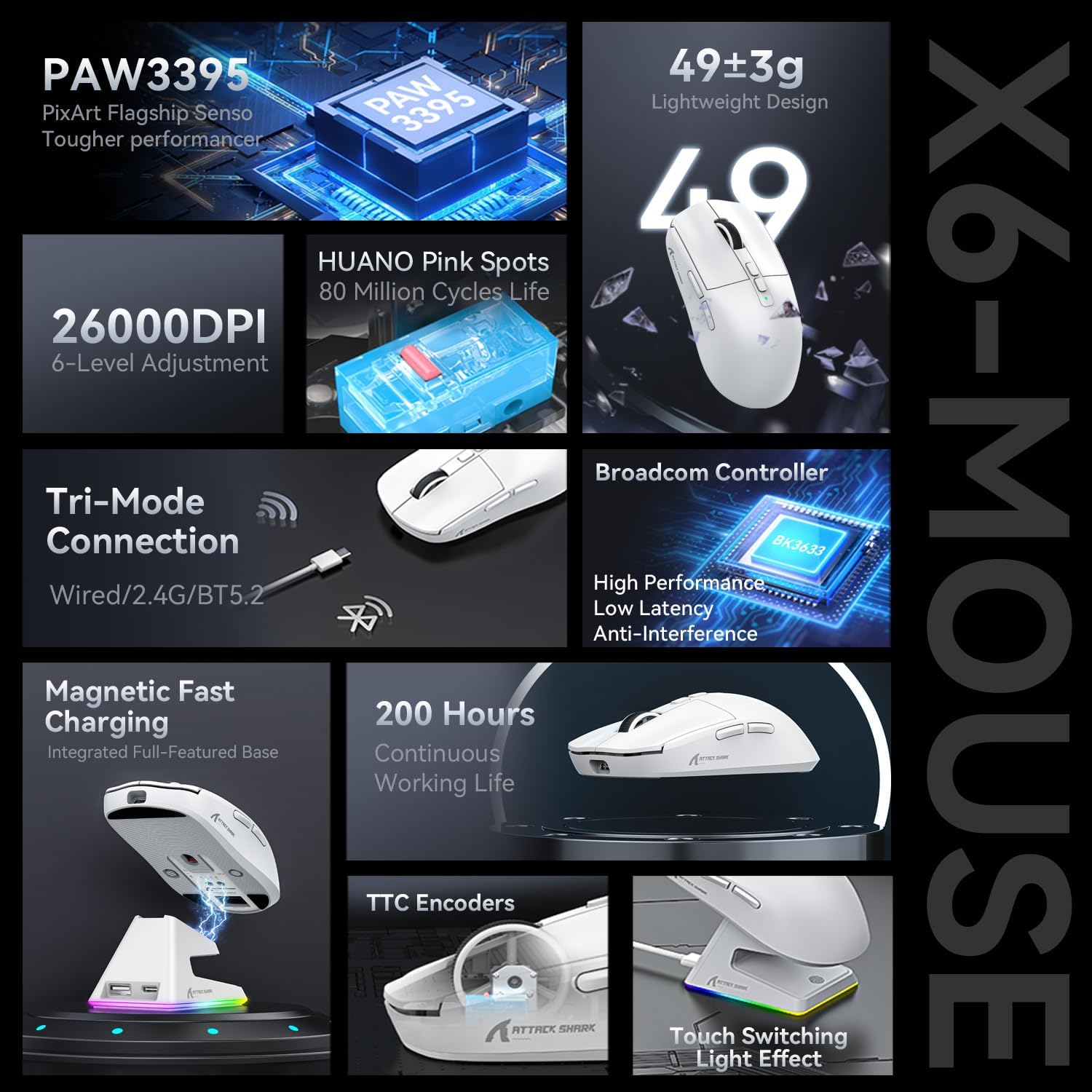 Attack Shark X6 black wireless gaming mouse on magnetic RGB charging dock