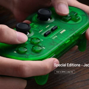 8BitDo Pro 2 Bluetooth wireless controller in translucent Jade Green with dual analog sticks and D-pad