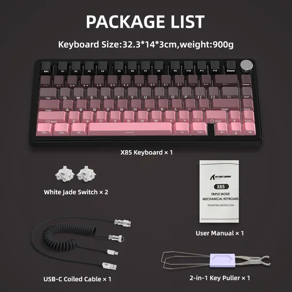 Attack Shark X85 tri-mode RGB blackberry gaming keyboard front view