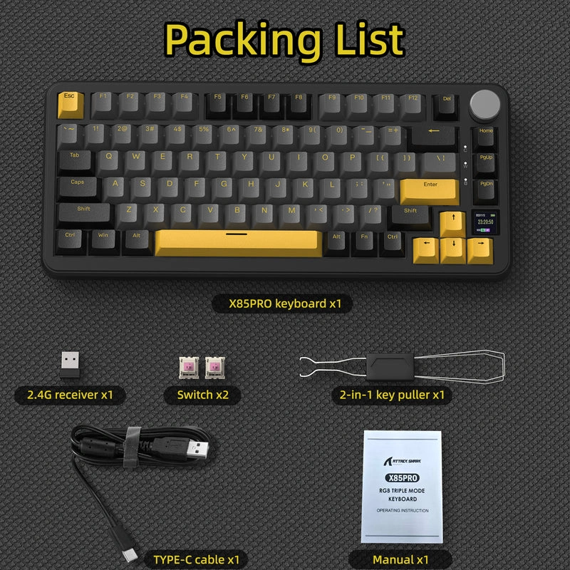 Attack Shark X85 Pro Tri-Mode RGB mechanical keyboard in Starry Black with TFT display and knob
