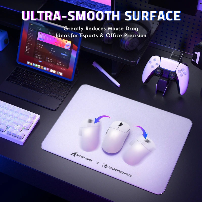 Attack Shark CM05 Contour White tempered glass gaming mouse pad top view with white topographic contour design