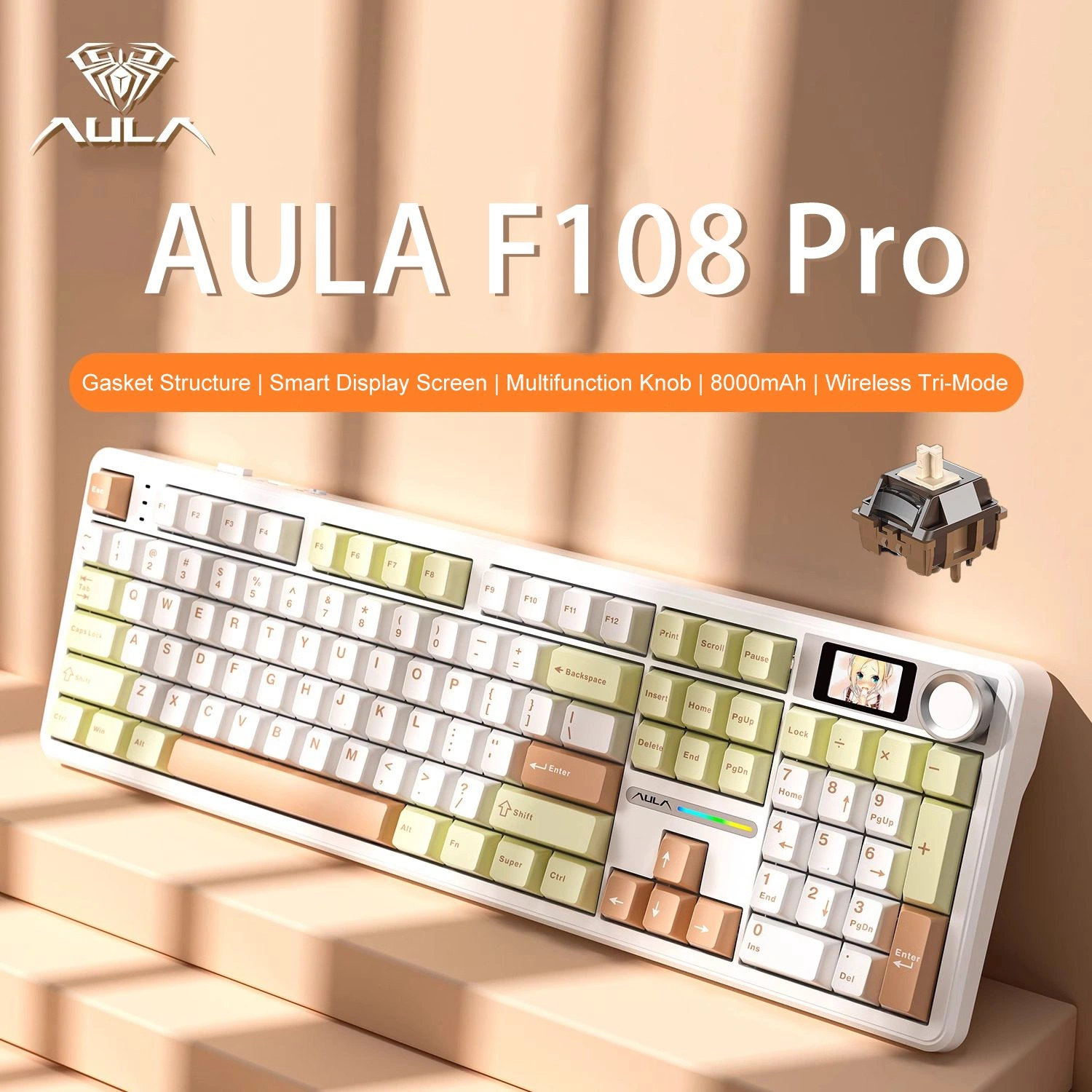 AULA F108 Pro Three Tone White keyboard detail view