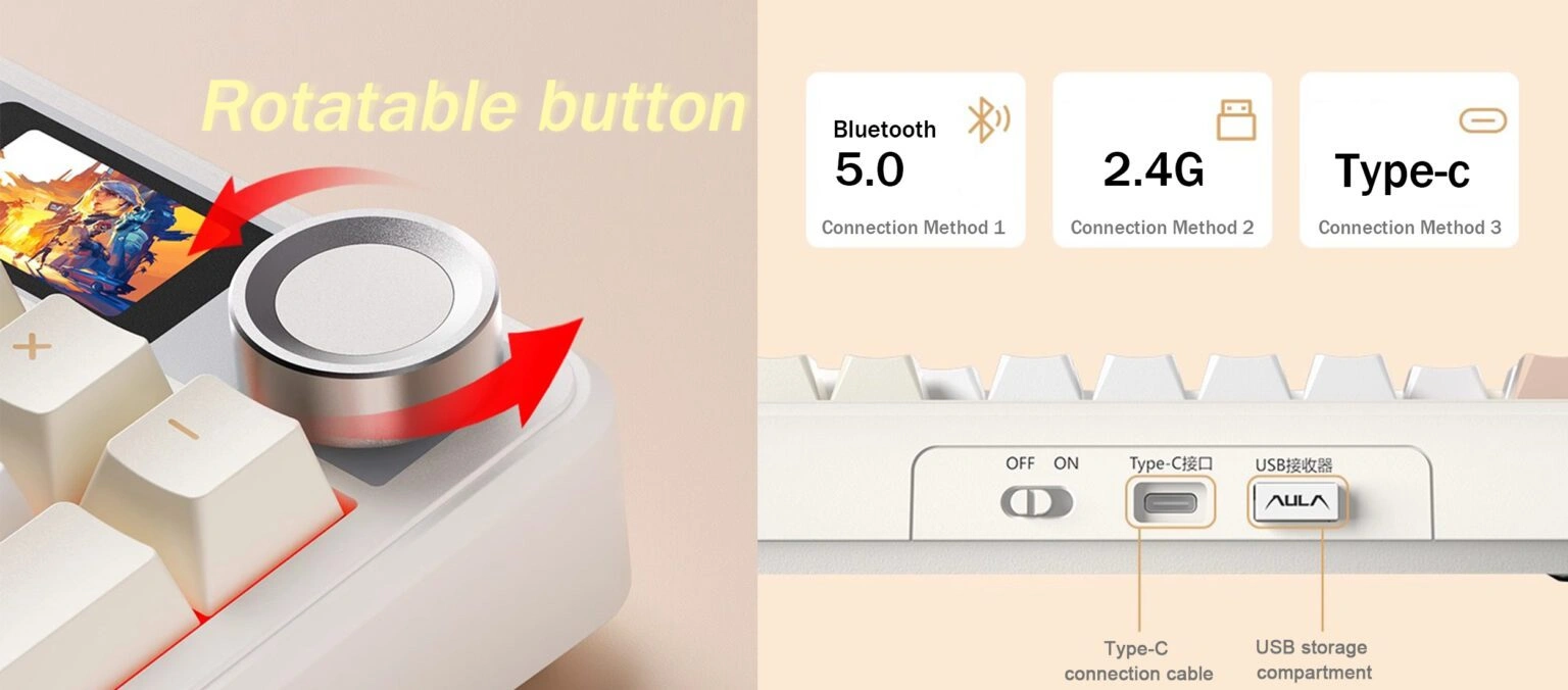 AULA F108 Pro Three Tone White full-size mechanical keyboard with TFT display and knob