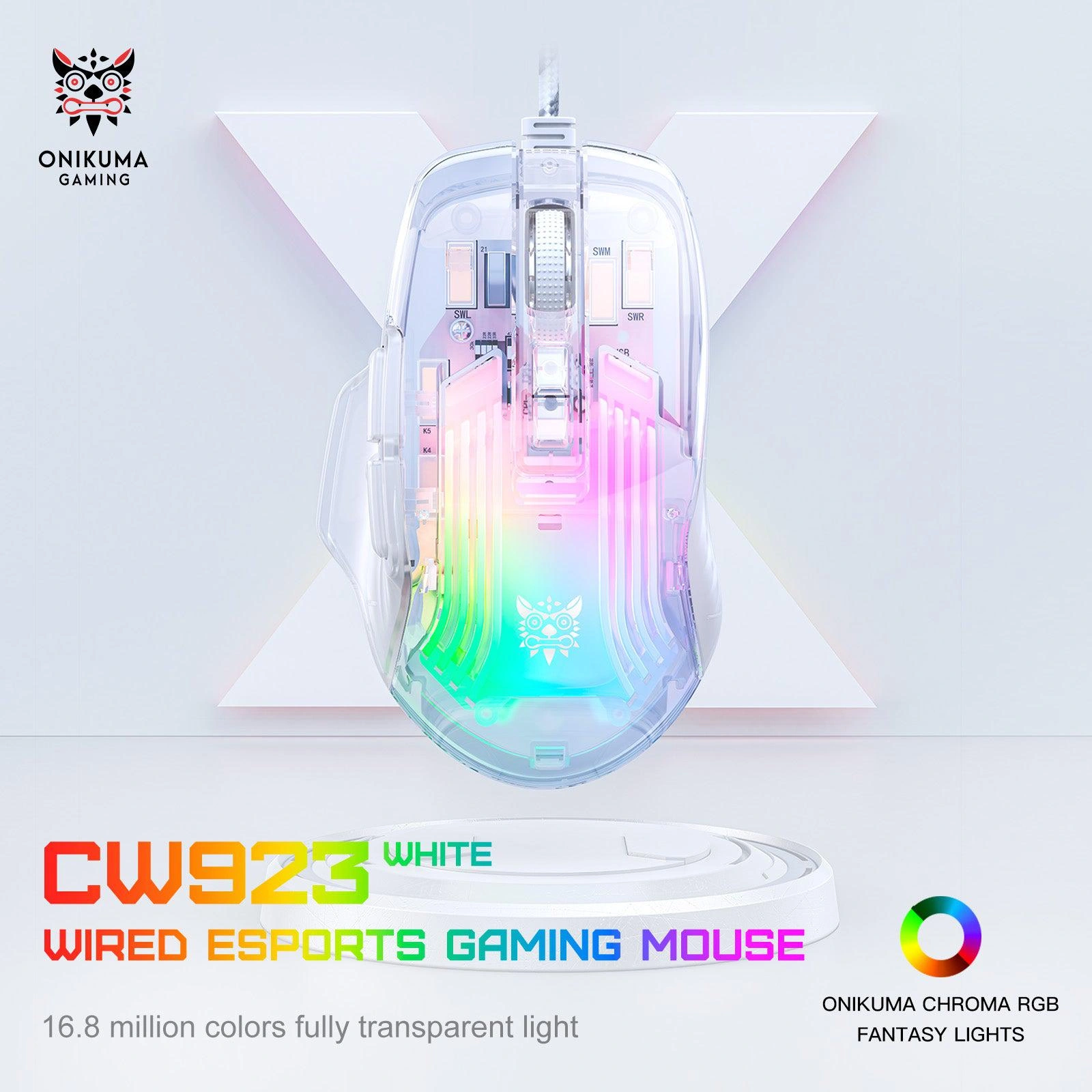 Onikuma CW923 Complete Package with USB Cable and Transparent Gaming Mouse