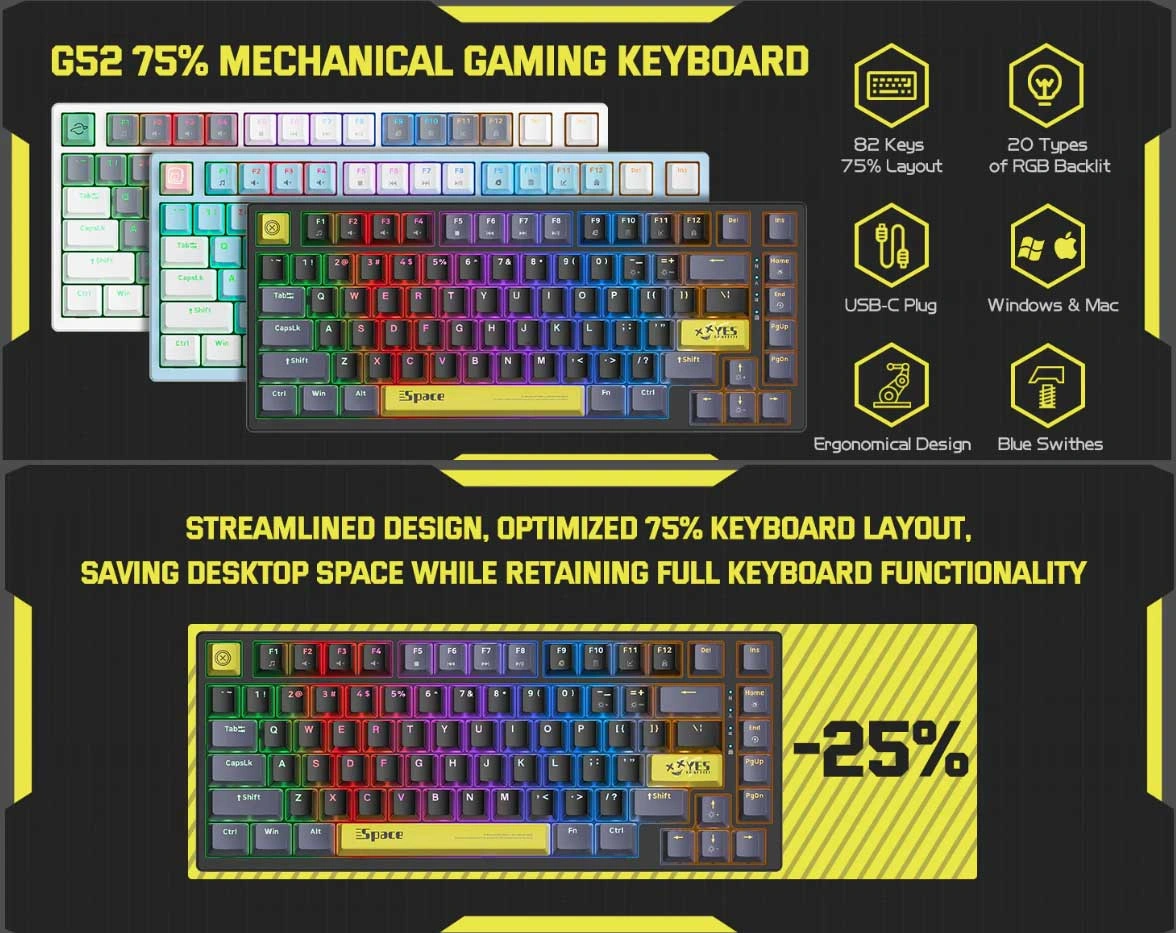 Onikuma G52 Per-Key RGB Lighting with PBT Double-Shot Keycaps