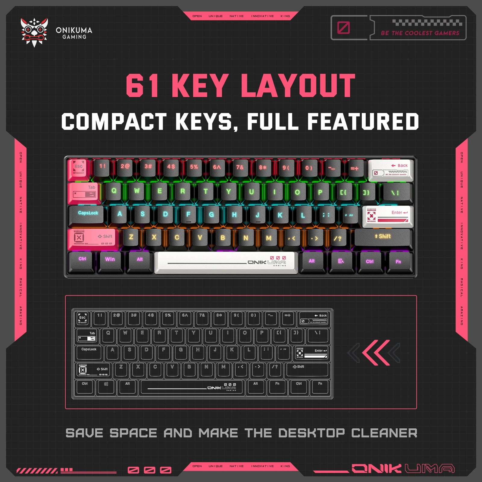 Onikuma G55 Keyboard Front View with RGB Lighting and Compact Layout