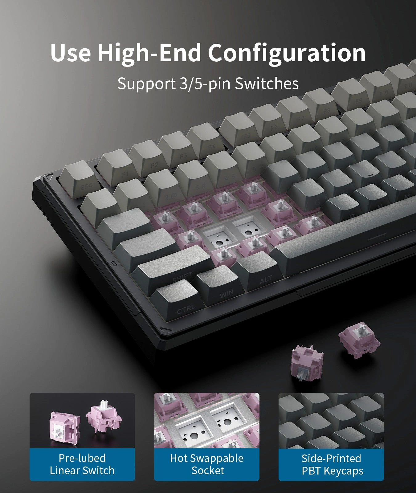 Onikuma G83 Hot-Swappable Huano Linear Switches and Side-Printed Keycaps Detail